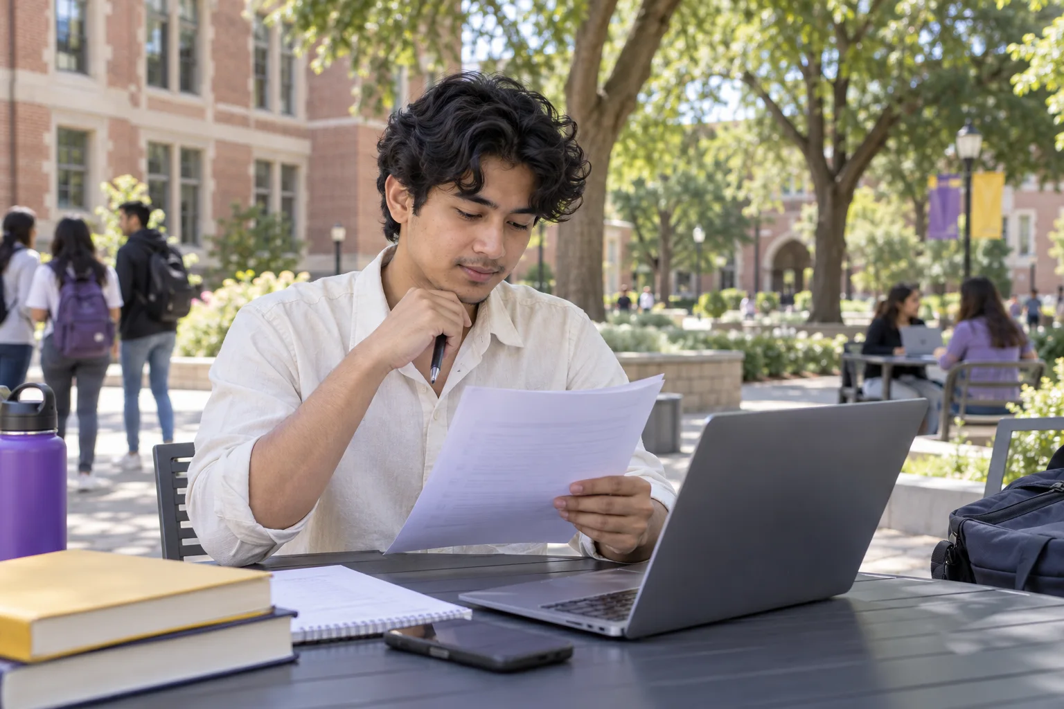 Young Nepali man with wavy hair reviewing an unbranded study application document checklist with a laptop