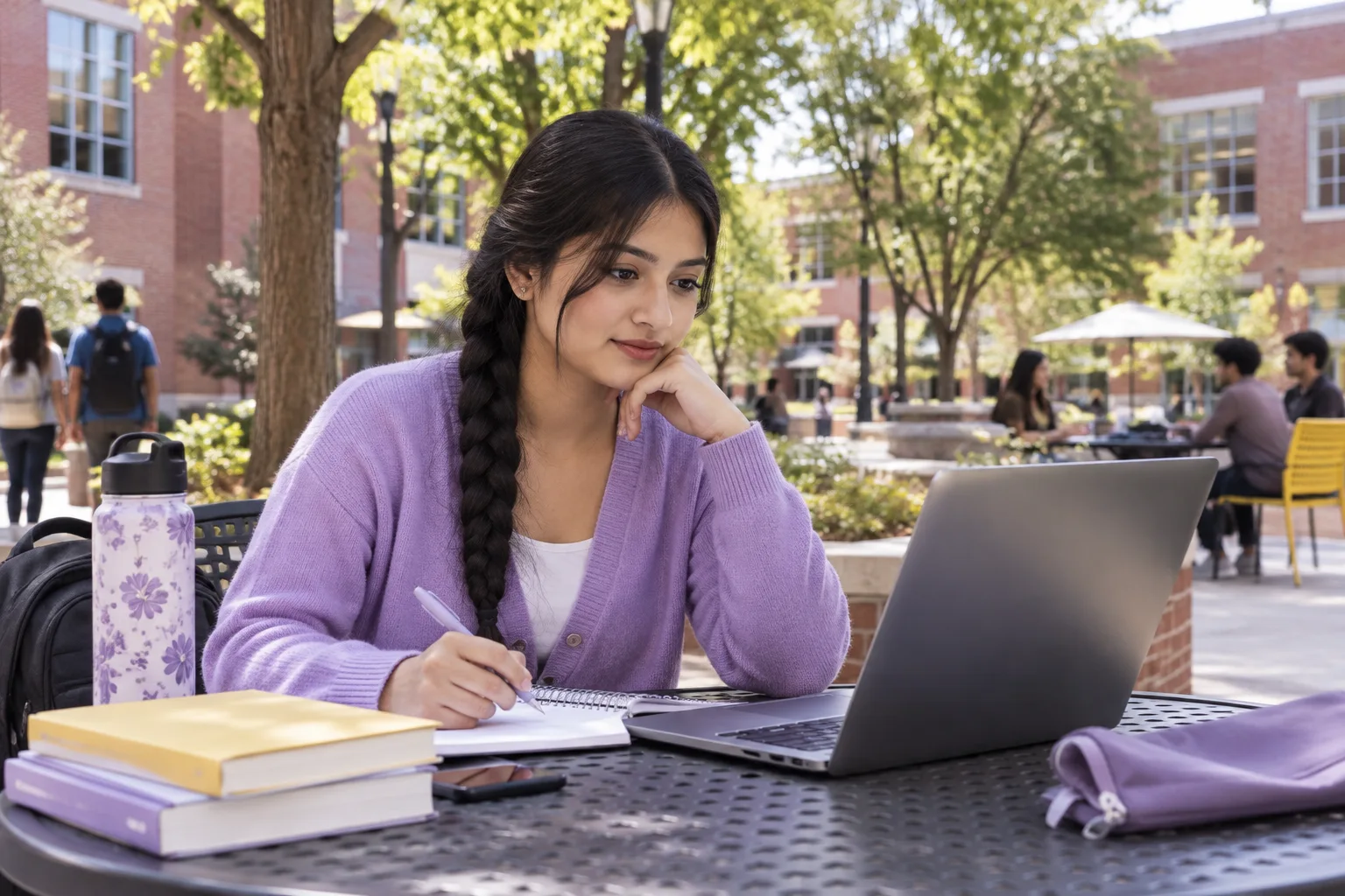 Young Nepali woman with a long braid comparing US university courses and intake options using a laptop and notebook