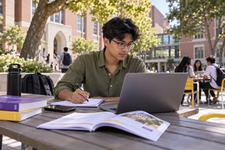 Young Nepali man with glasses comparing US university courses and intake options using a laptop and notebook