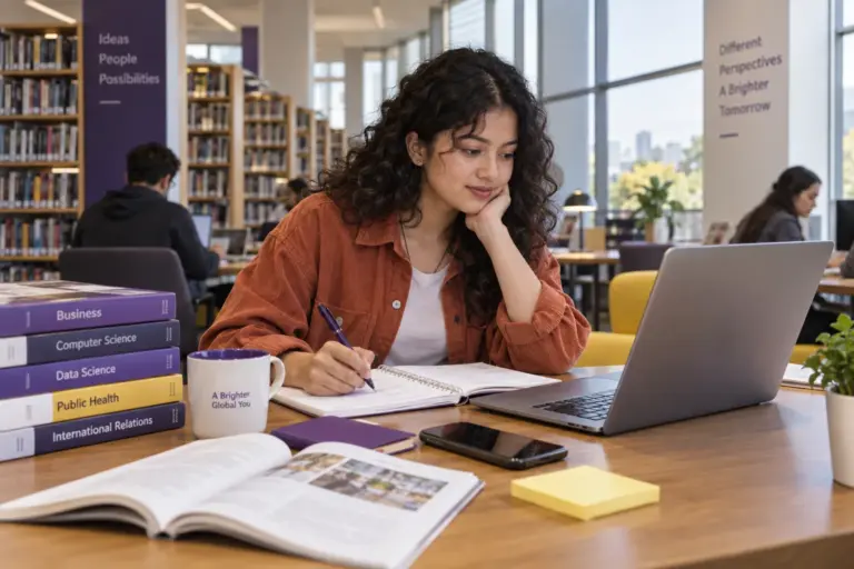 Young Nepali woman with curly hair comparing US university courses and intake options using a laptop and notebook