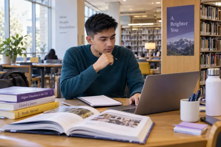 Young Nepali man with cropped hair comparing US university courses and intake options using a laptop and notebook