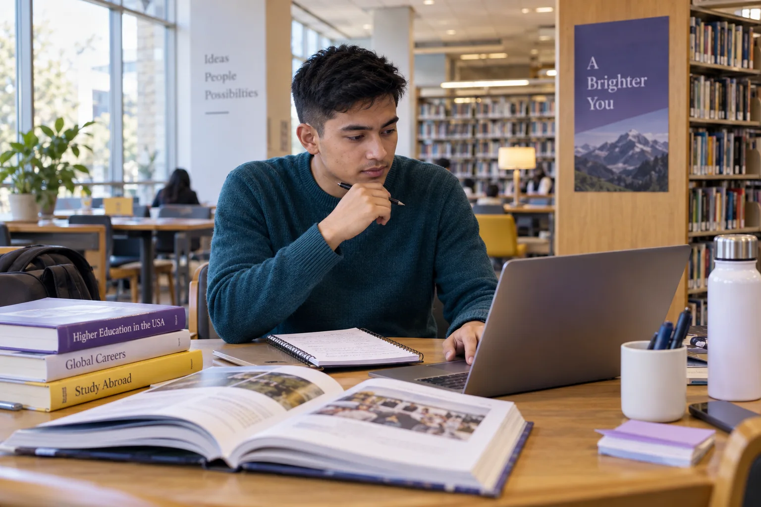 Young Nepali man with cropped hair comparing US university courses and intake options using a laptop and notebook