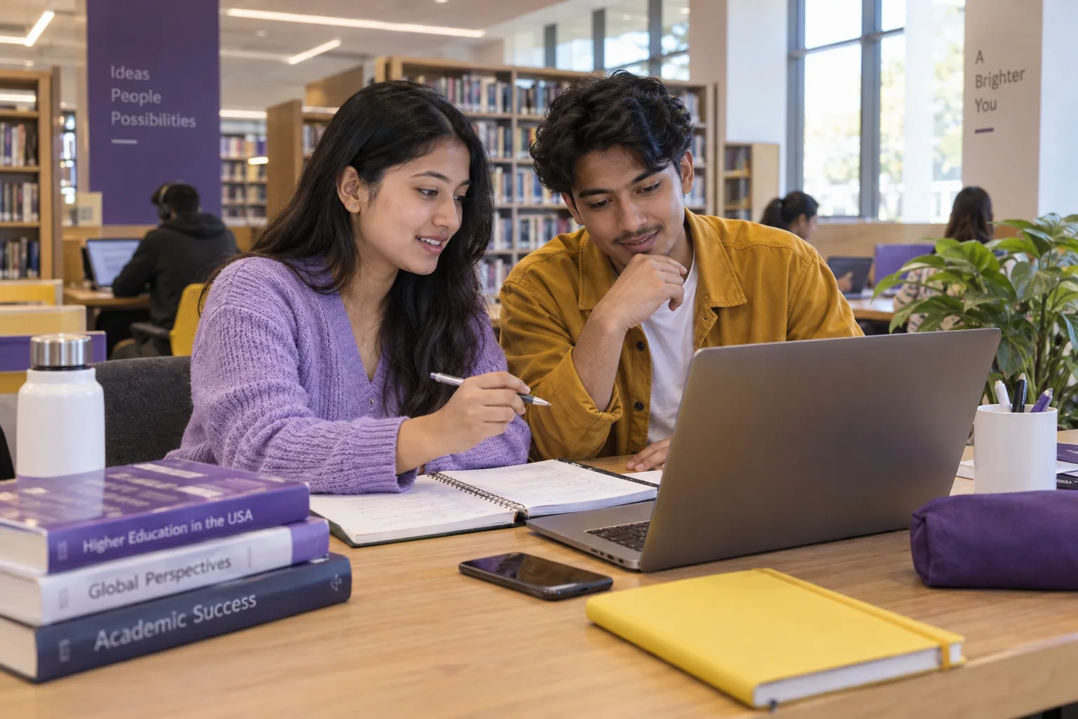 Two Nepali students, one woman and one man comparing US university courses and intake options using a laptop and notebook