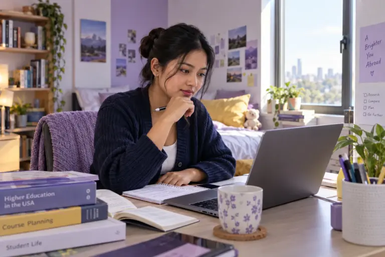 Young Nepali woman with tied-back hair comparing US university courses and intake options using a laptop and notebook