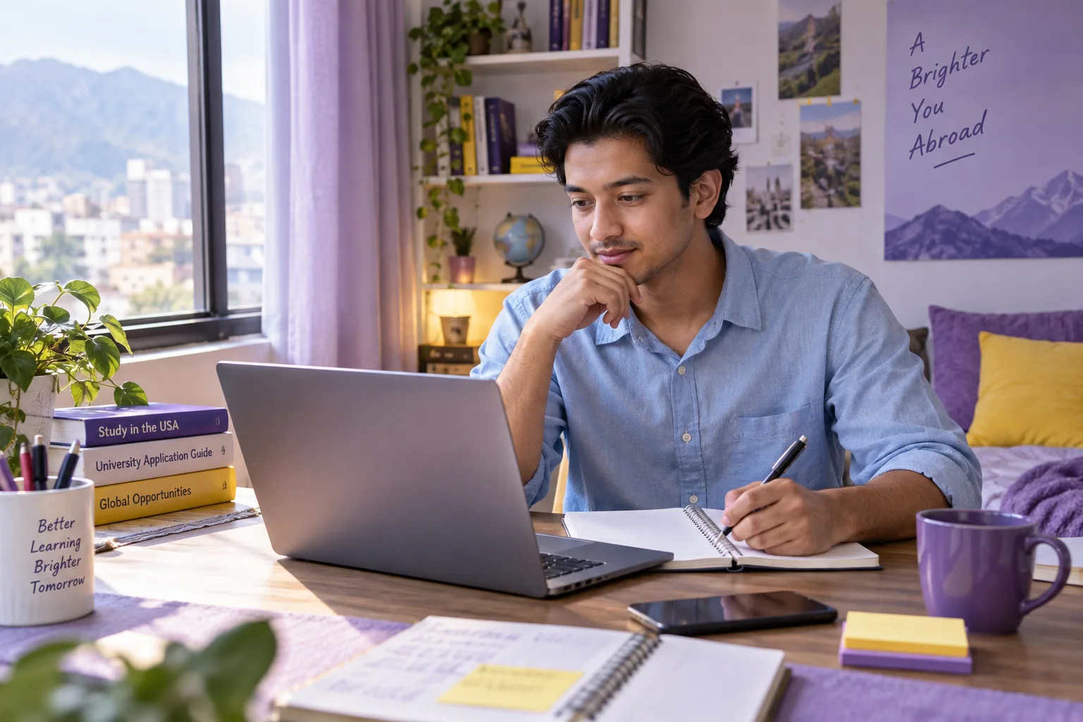 Young Nepali man with swept-back hair comparing US university courses and intake options using a laptop and notebook