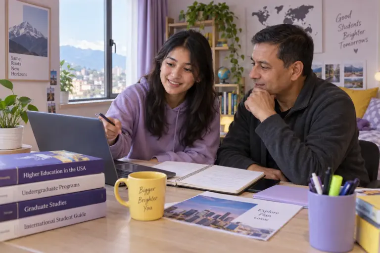 Nepali student discussing plans with a parent comparing US university courses and intake options using a laptop and notebook