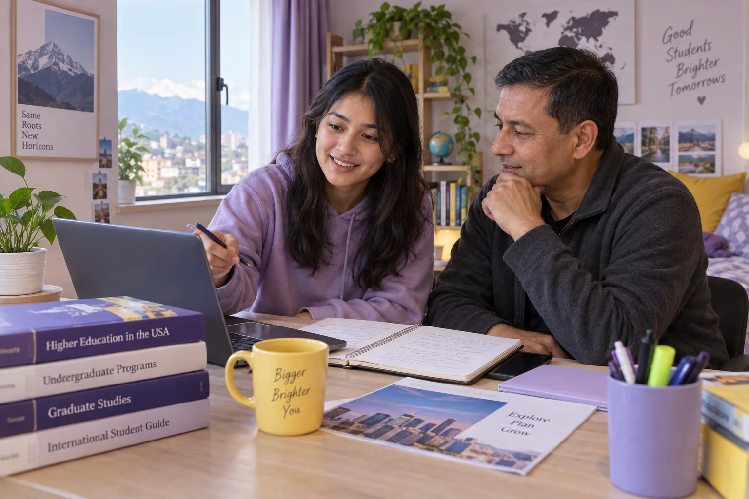 Nepali student discussing plans with a parent comparing US university courses and intake options using a laptop and notebook