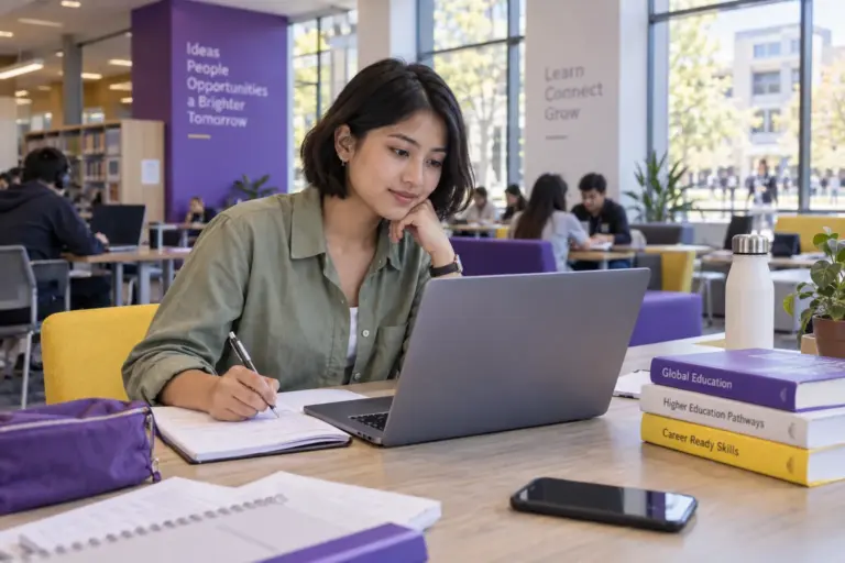 Young Nepali woman with a short bob comparing US university courses and intake options using a laptop and notebook