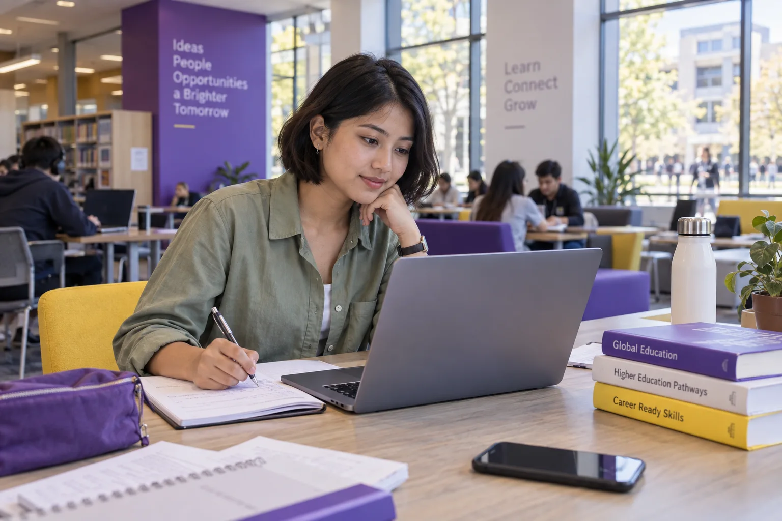Young Nepali woman with a short bob comparing US university courses and intake options using a laptop and notebook