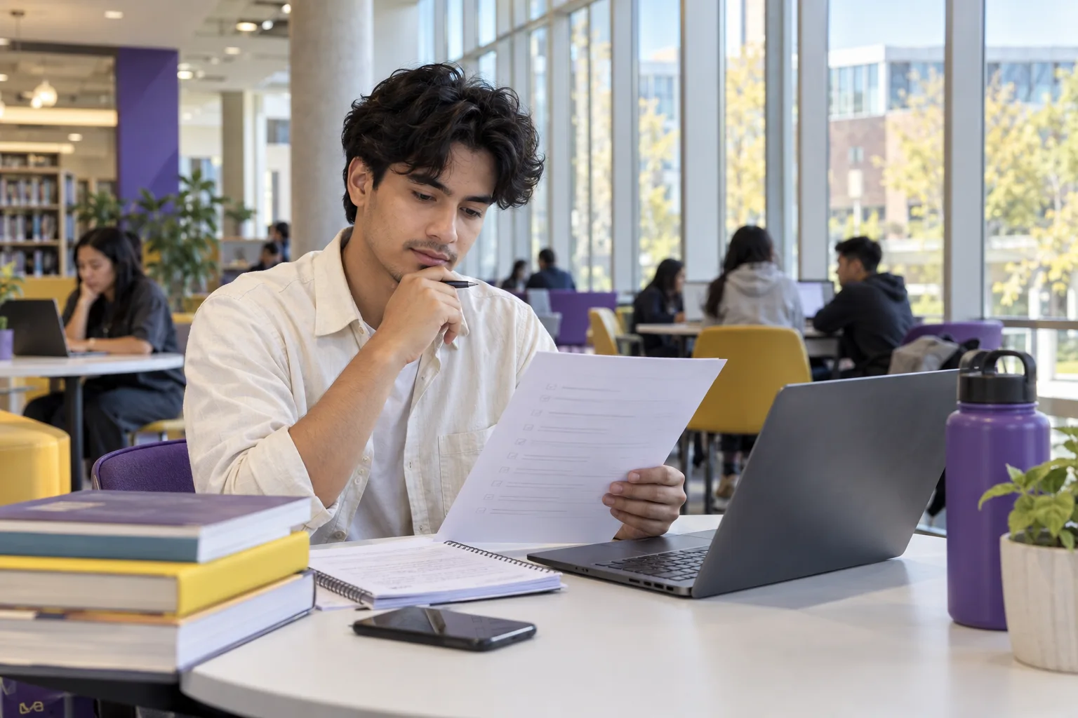 Young Nepali man with wavy hair reviewing an unbranded study application document checklist with a laptop