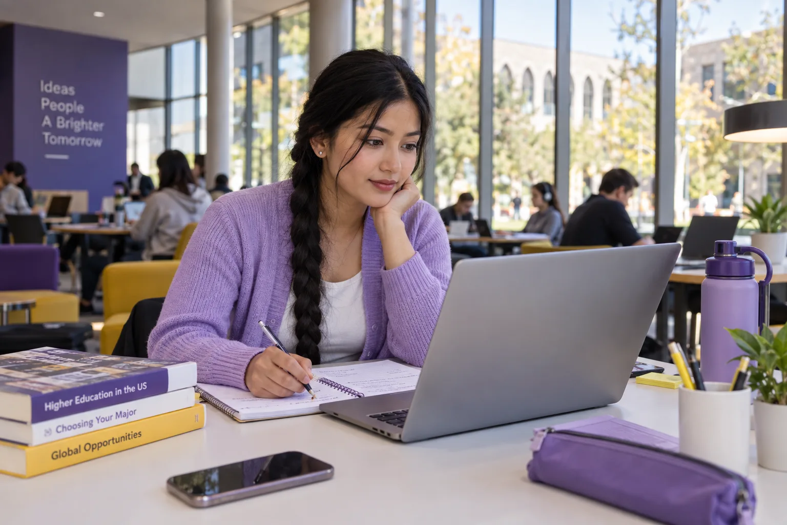 Young Nepali woman with a long braid comparing US university courses and intake options using a laptop and notebook