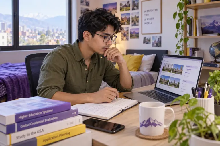 Young Nepali man with glasses comparing US university courses and intake options using a laptop and notebook
