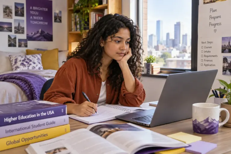 Young Nepali woman with curly hair comparing US university courses and intake options using a laptop and notebook