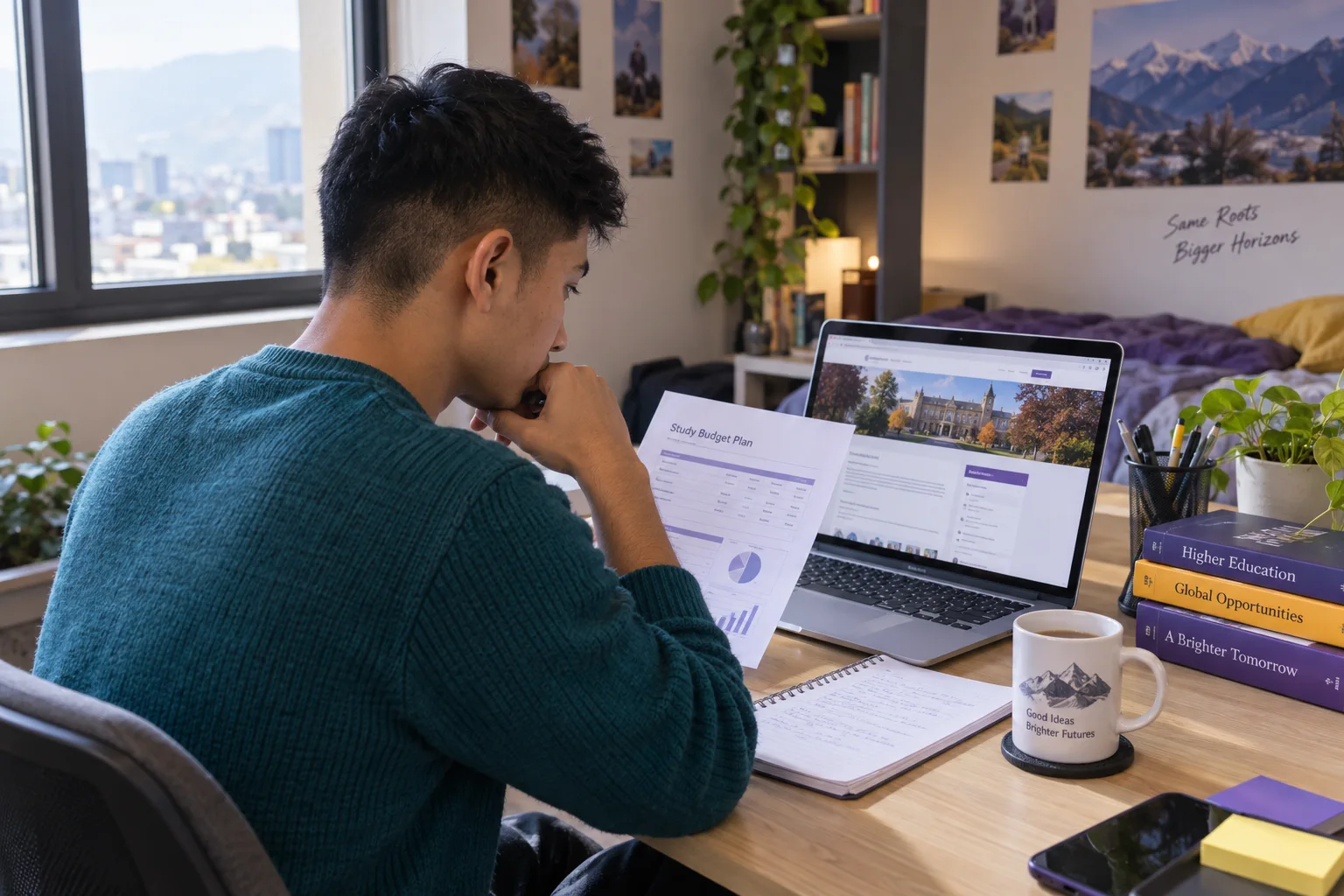 Young Nepali man with cropped hair comparing a personal study budget worksheet and university tuition information on a laptop