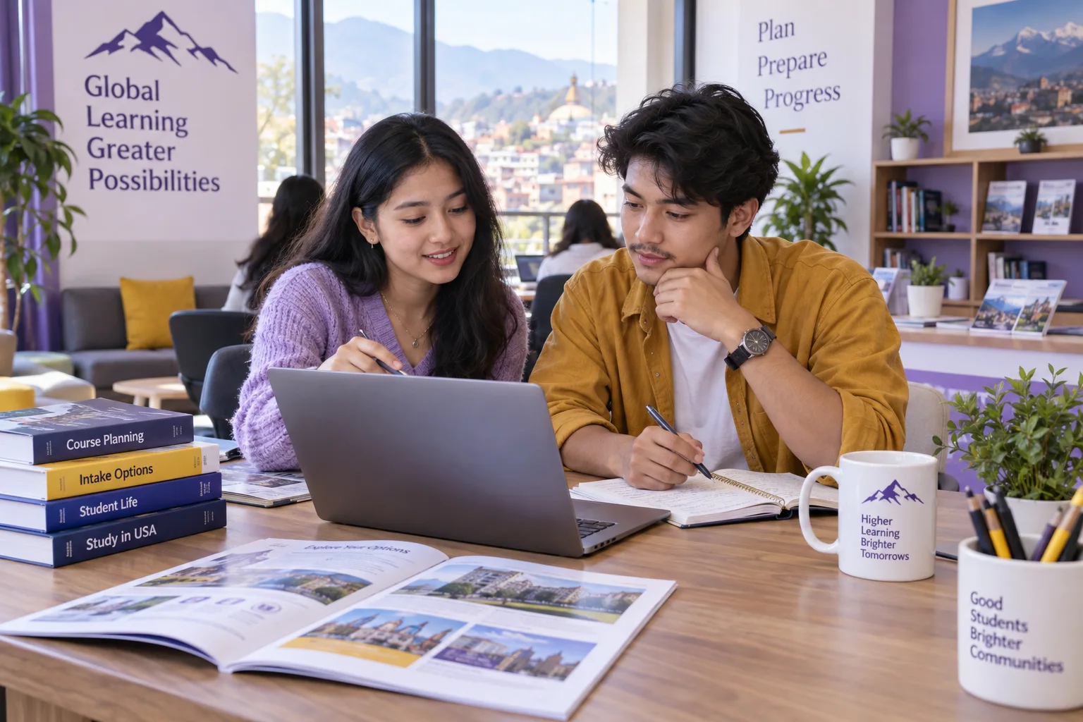 Two Nepali students, one woman and one man comparing US university courses and intake options using a laptop and notebook