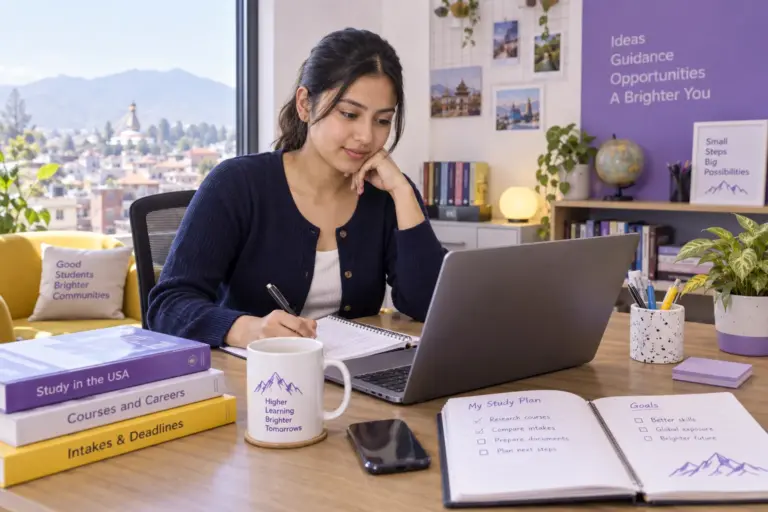 Young Nepali woman with tied-back hair comparing US university courses and intake options using a laptop and notebook
