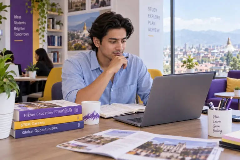 Young Nepali man with swept-back hair comparing US university courses and intake options using a laptop and notebook