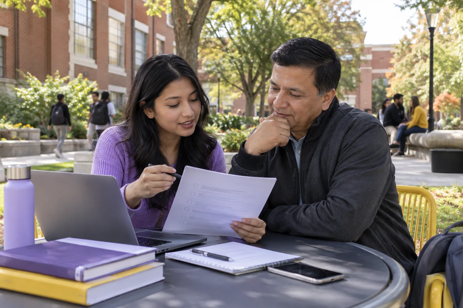 Nepali student discussing plans with a parent reviewing an unbranded study application document checklist with a laptop