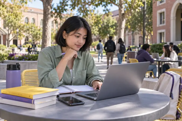 Young Nepali woman with a short bob comparing US university courses and intake options using a laptop and notebook