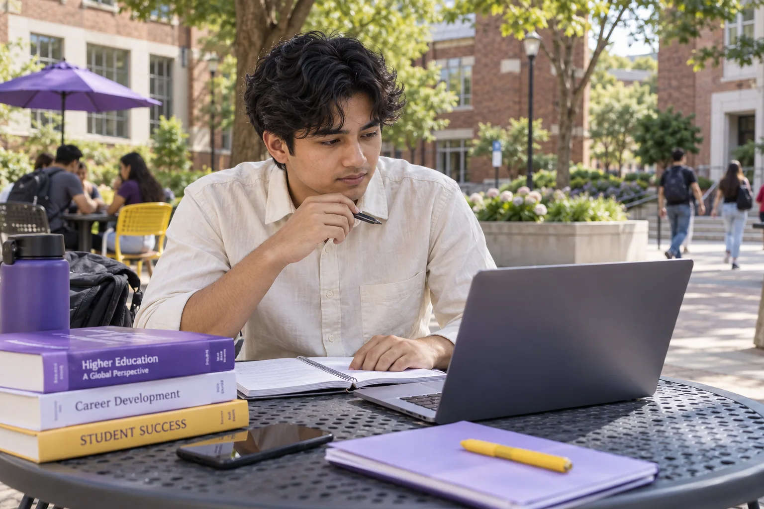 Young Nepali man with wavy hair comparing US university courses and intake options using a laptop and notebook