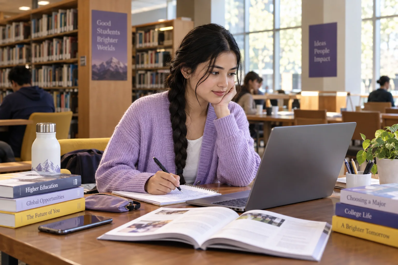 Young Nepali woman with a long braid comparing US university courses and intake options using a laptop and notebook
