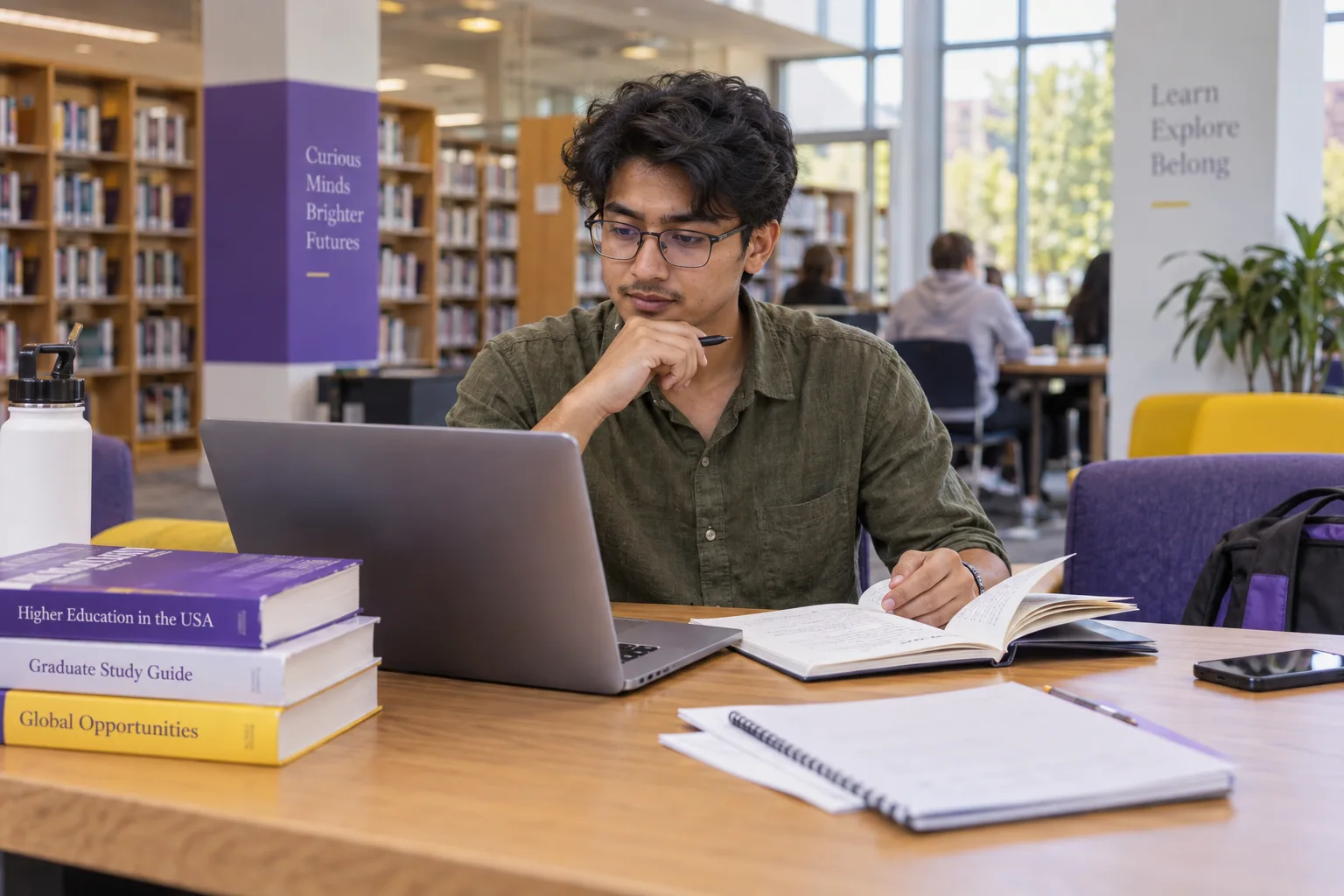 Young Nepali man with glasses comparing US university courses and intake options using a laptop and notebook