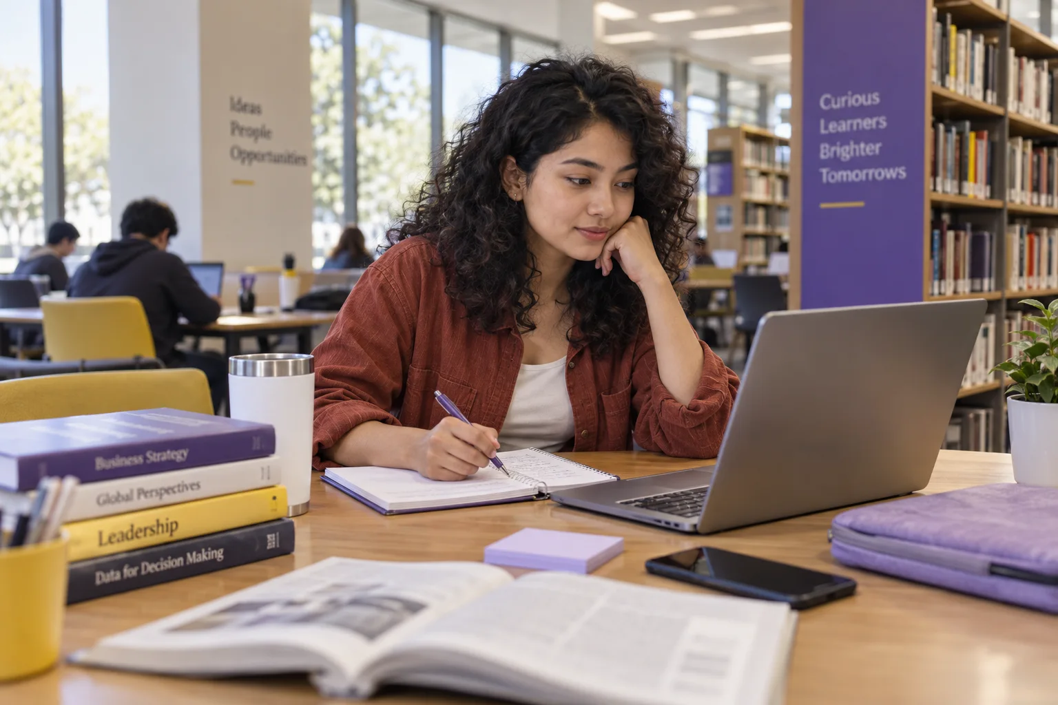 Young Nepali woman with curly hair comparing US university courses and intake options using a laptop and notebook