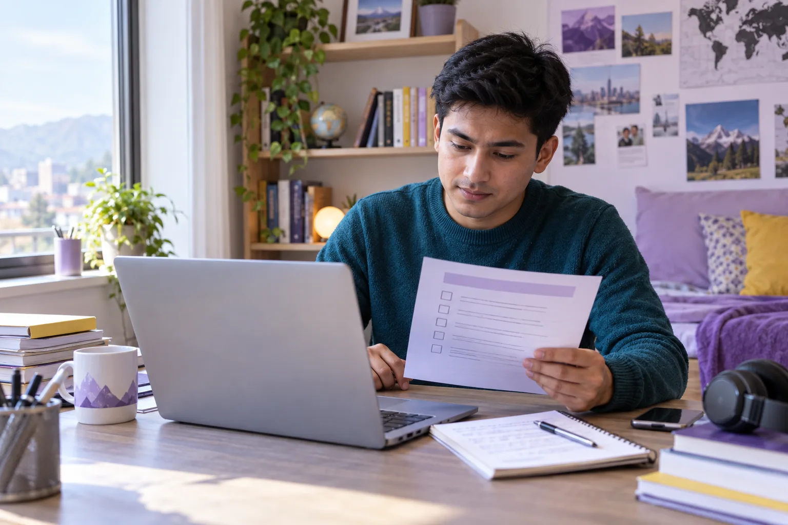 Young Nepali man with cropped hair reviewing an unbranded study application document checklist with a laptop
