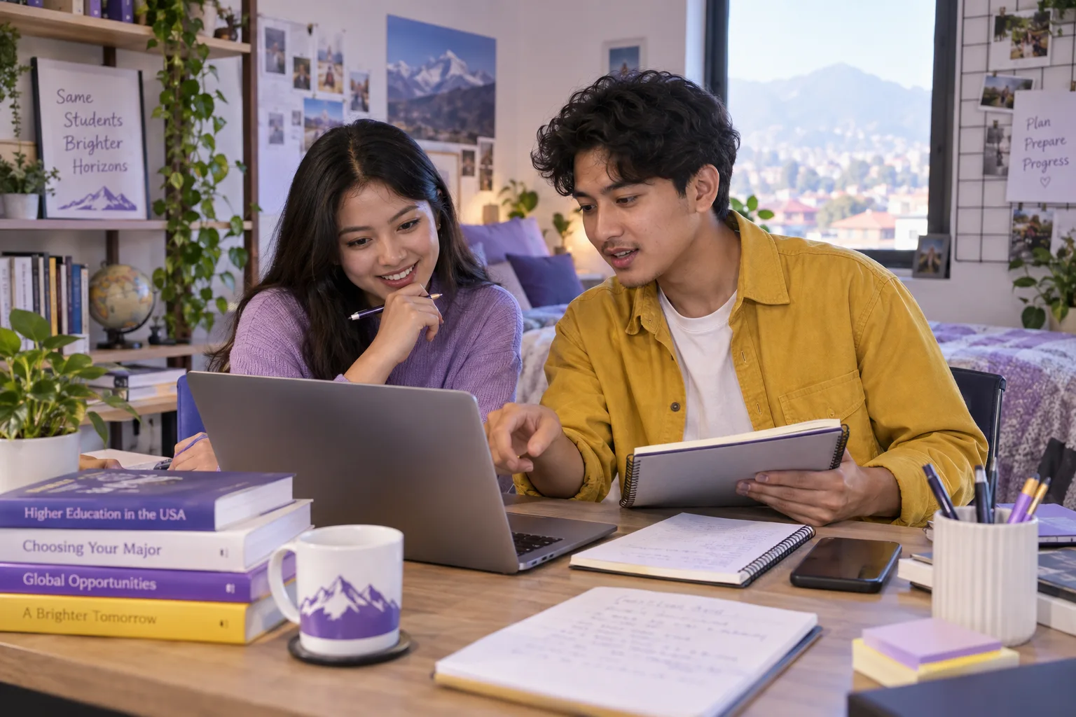 Two Nepali students, one woman and one man comparing US university courses and intake options using a laptop and notebook