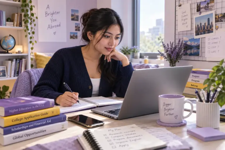 Young Nepali woman with tied-back hair comparing US university courses and intake options using a laptop and notebook