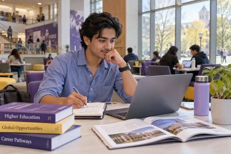 Young Nepali man with swept-back hair comparing US university courses and intake options using a laptop and notebook