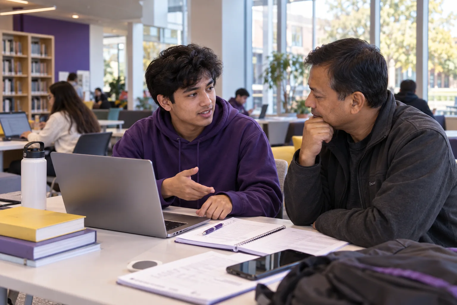 Nepali student discussing plans with a parent reviewing an unbranded study application document checklist with a laptop