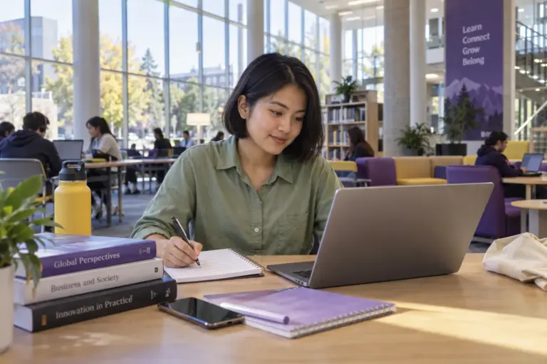 Young Nepali woman with a short bob comparing US university courses and intake options using a laptop and notebook