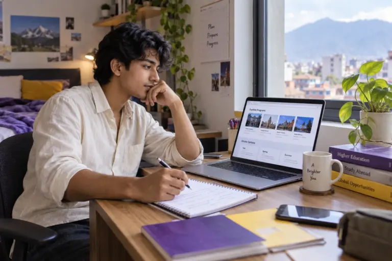 Young Nepali man with wavy hair comparing US university courses and intake options using a laptop and notebook