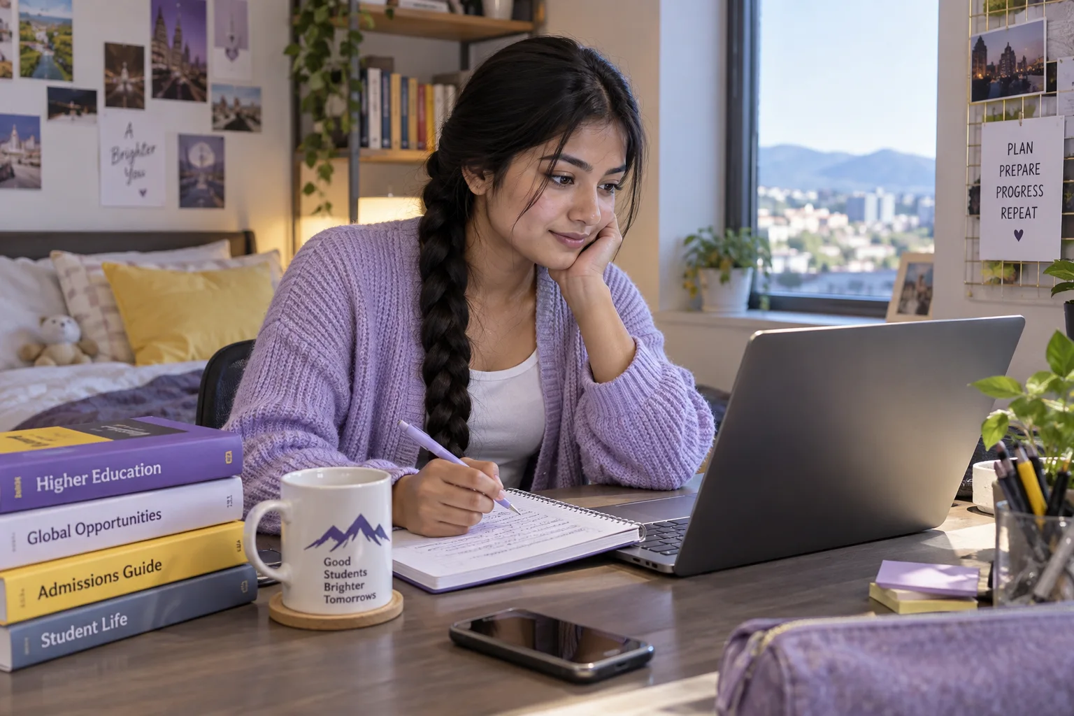 Young Nepali woman with a long braid comparing US university courses and intake options using a laptop and notebook