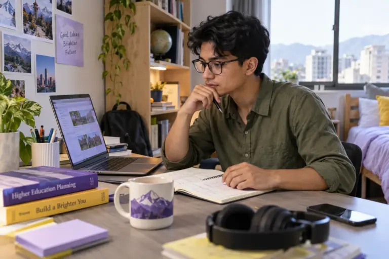 Young Nepali man with glasses comparing US university courses and intake options using a laptop and notebook