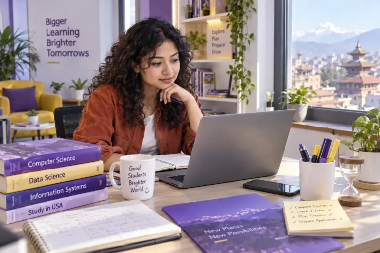Young Nepali woman with curly hair comparing US university courses and intake options using a laptop and notebook
