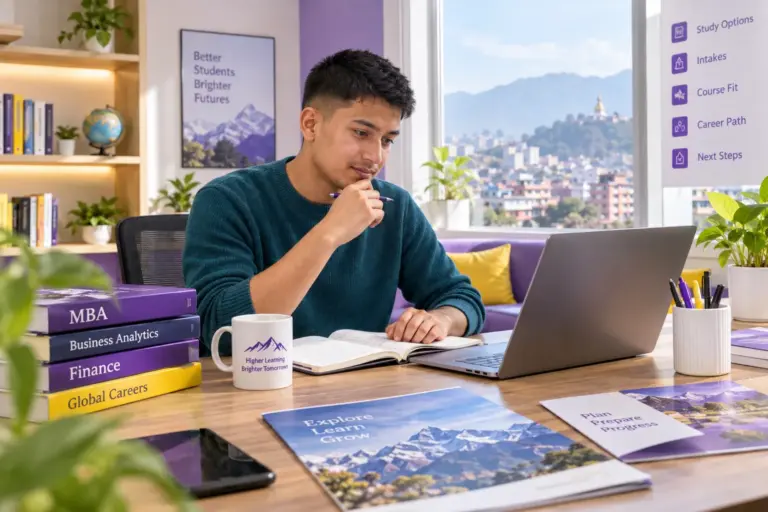 Young Nepali man with cropped hair comparing US university courses and intake options using a laptop and notebook