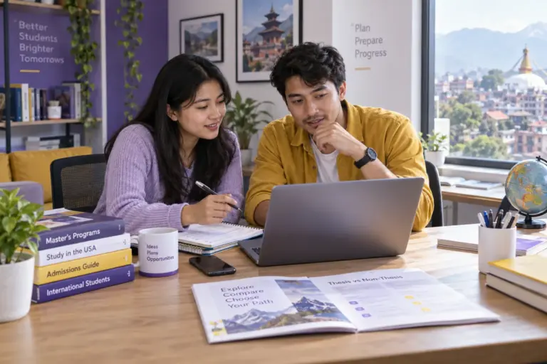 Two Nepali students, one woman and one man comparing US university courses and intake options using a laptop and notebook