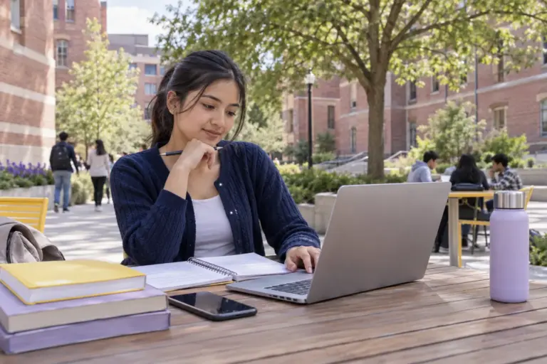 Young Nepali woman with tied-back hair comparing US university courses and intake options using a laptop and notebook