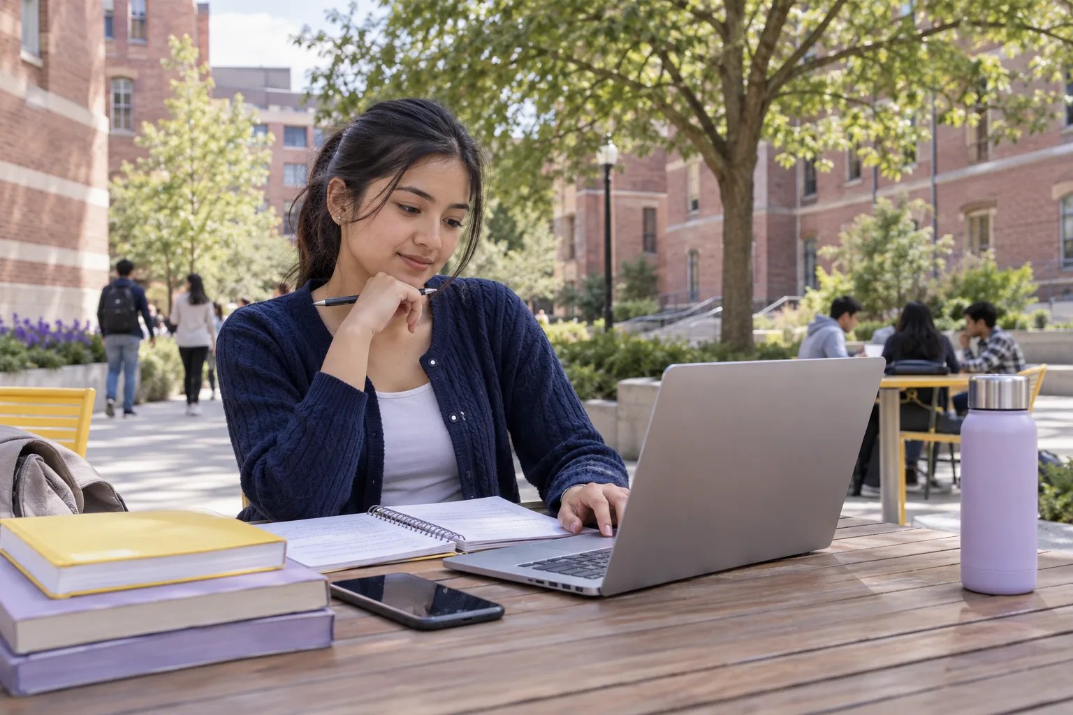 Young Nepali woman with tied-back hair comparing US university courses and intake options using a laptop and notebook