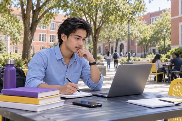 Young Nepali man with swept-back hair comparing US university courses and intake options using a laptop and notebook