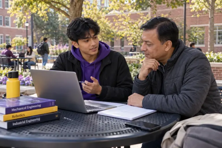 Nepali student discussing plans with a parent comparing US university courses and intake options using a laptop and notebook