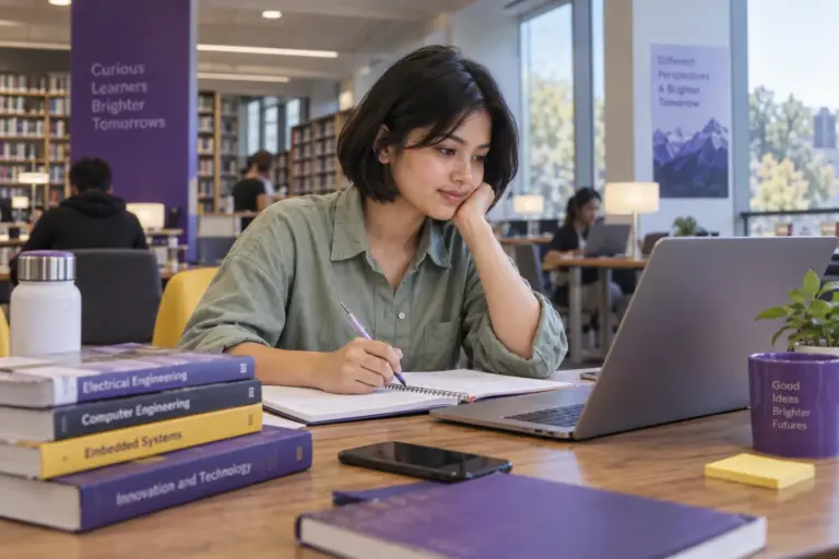 Young Nepali woman with a short bob comparing US university courses and intake options using a laptop and notebook