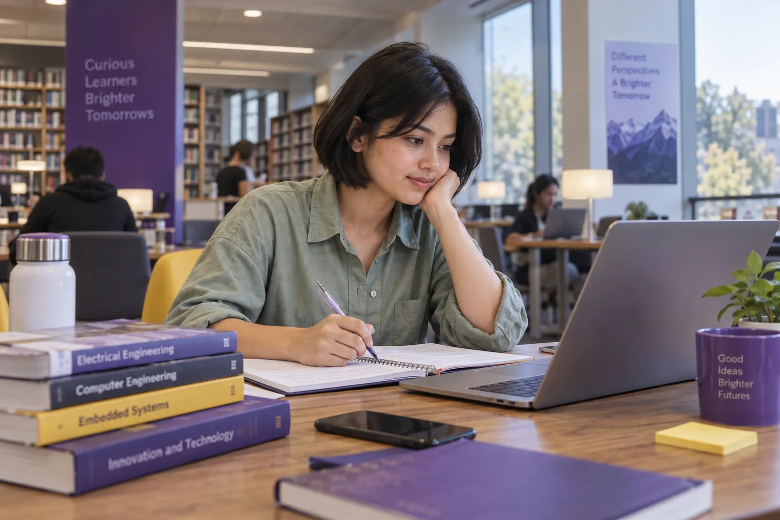 Young Nepali woman with a short bob comparing US university courses and intake options using a laptop and notebook