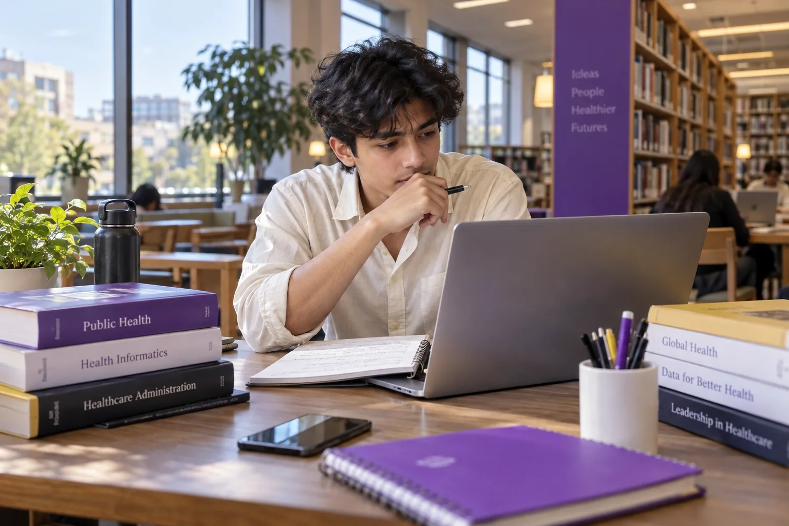 Young Nepali man with wavy hair comparing US university courses and intake options using a laptop and notebook
