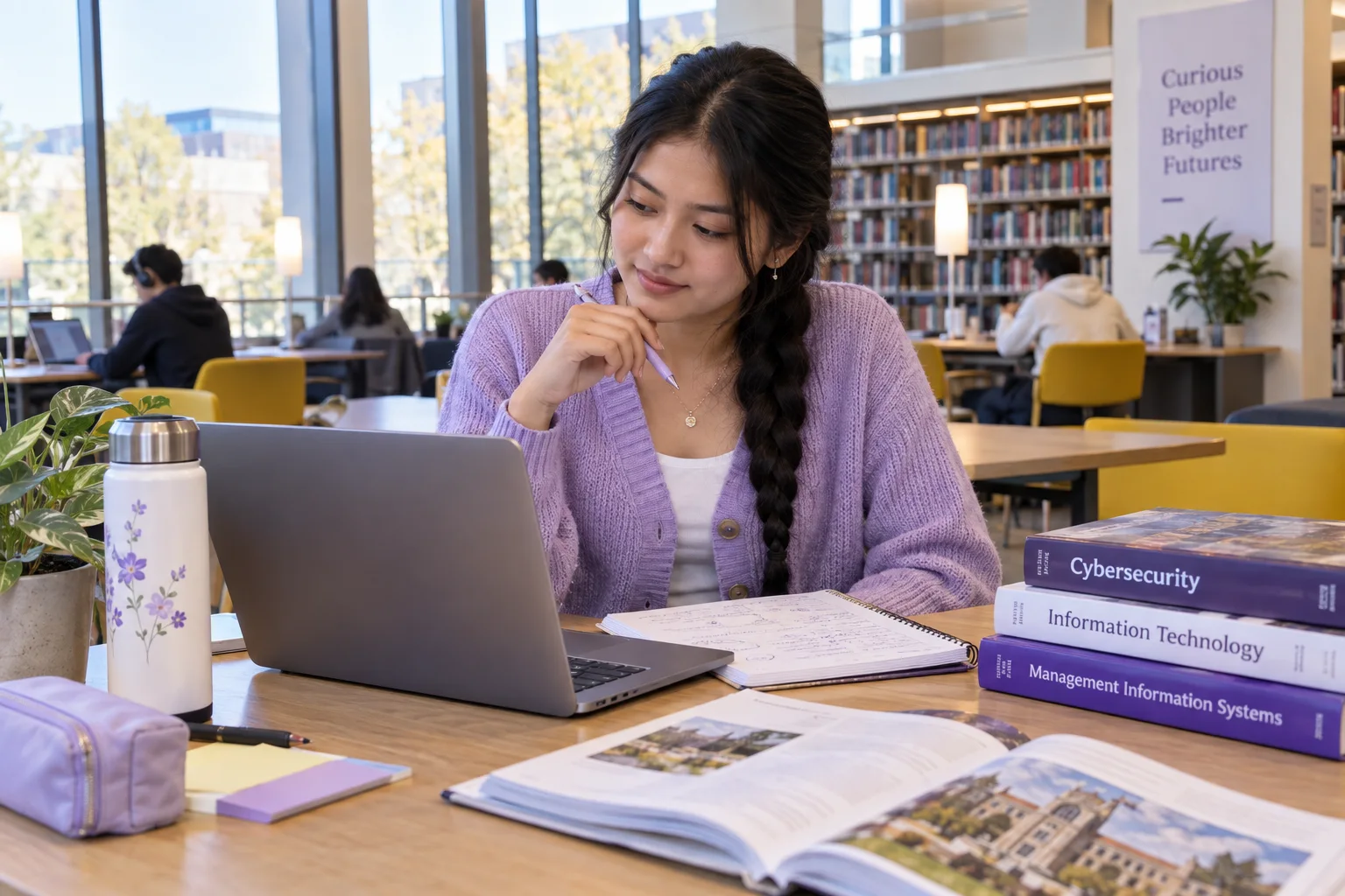 Young Nepali woman with a long braid comparing US university courses and intake options using a laptop and notebook