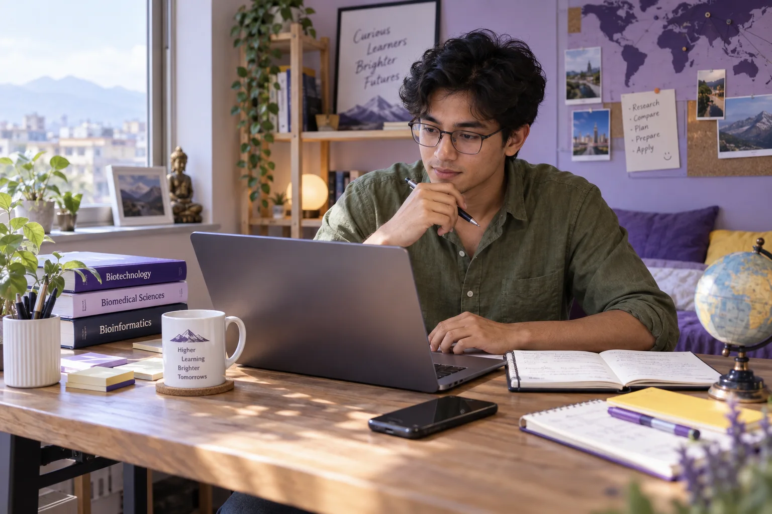 Young Nepali man with glasses comparing US university courses and intake options using a laptop and notebook