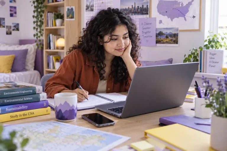 Young Nepali woman with curly hair comparing US university courses and intake options using a laptop and notebook