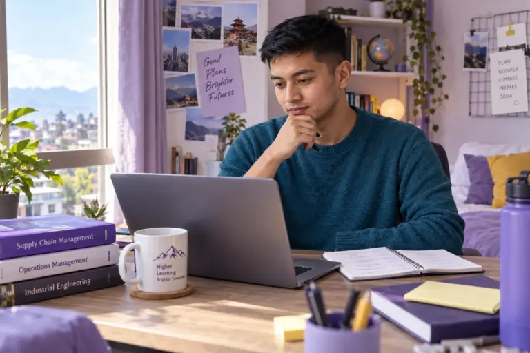 Young Nepali man with cropped hair comparing US university courses and intake options using a laptop and notebook